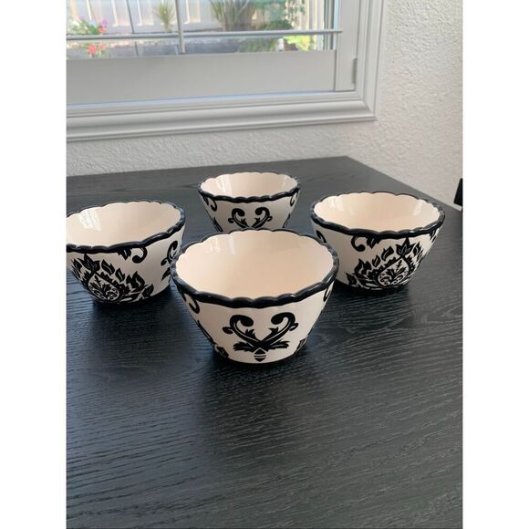 Set of 4 – 222 Fifth Black & White Damask Cereal / Soup Bowls - Picture 3 of 9